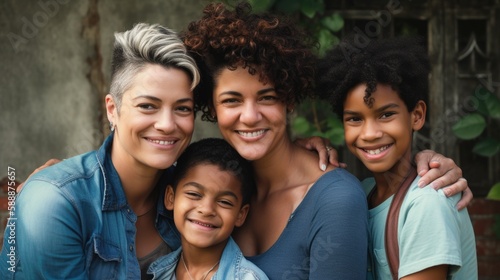 An image of a loving LGBT family, with two lesbian parents and their children, smiling and embracing each other, against a warm and welcoming background. Generative AI © piai