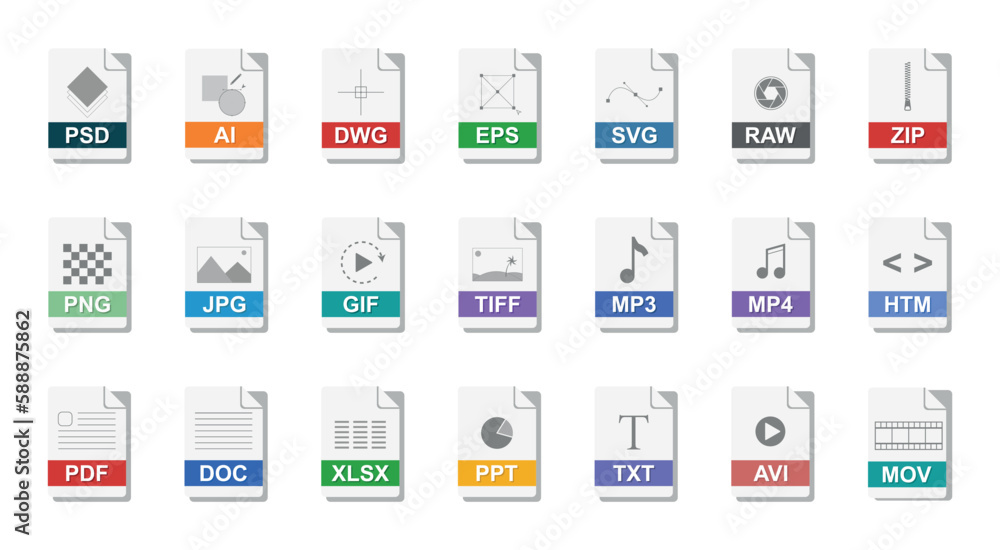 Vector set with various file formats most popular and used file types