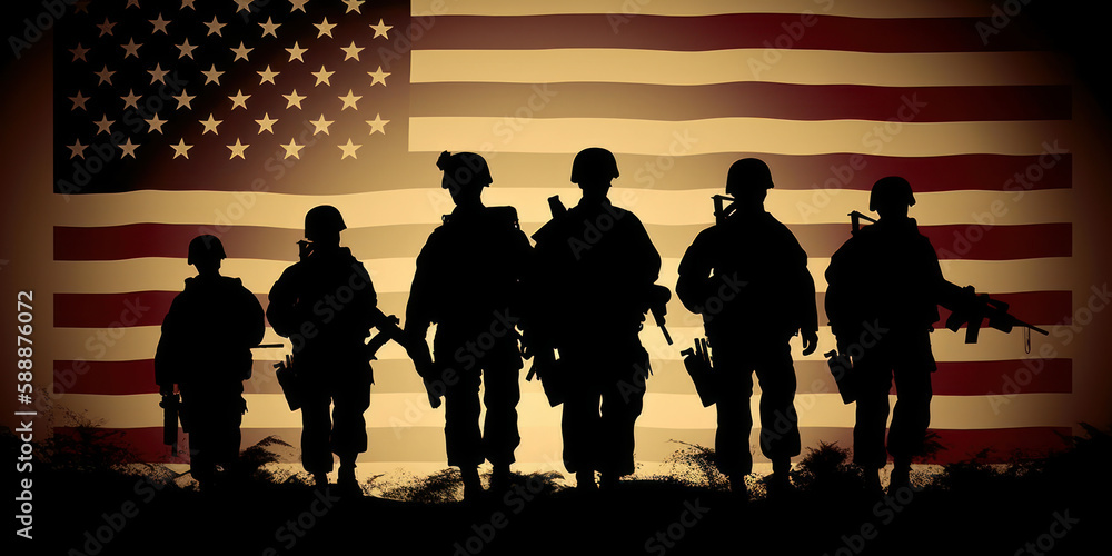 Conceptual US Flag with silhouettes of American soldiers. Generative AI