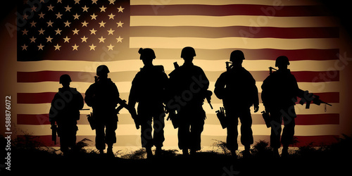 Conceptual US Flag with silhouettes of American soldiers. Generative AI