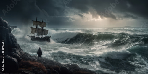Stormy Seas: A Sailor's Struggle. Sailing ship battling stormy sea and man. Generative AI