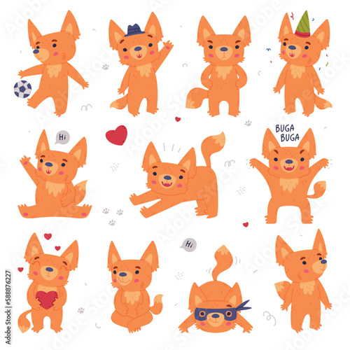 Cute Fennec Fox with Red Coat and Large Ears Engaged in Different Activity Vector Set