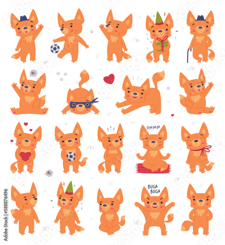 Cute Fennec Fox with Red Coat and Large Ears Engaged in Different Activity Vector Set