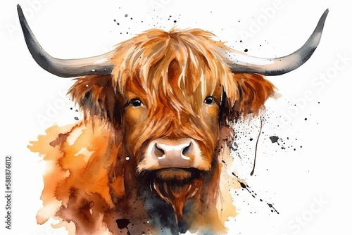 Highland Cow Watercolor. Generative AI