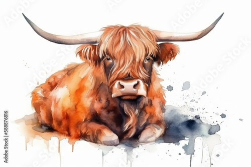 Highland Cow Watercolor. Generative AI