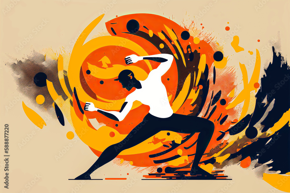 Stylized abstract illustration of someone in physical activity. Limited palette with emphasis on form and composition to create a striking and eye-catching image. Generative AI