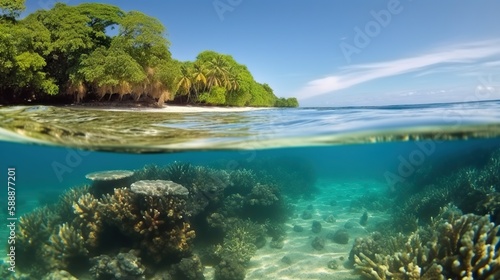 Tranquil sea water surface and underwater in a sunny day. Based on Generative AI