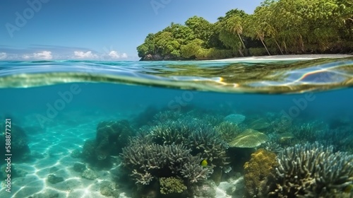 Tranquil sea water surface and underwater in a sunny day. Based on Generative AI