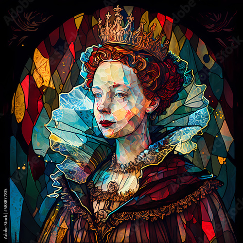 Stained Glass, bright and vibrant illustration of the queen with watercolor, Generative Ai