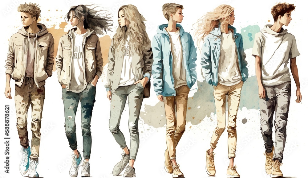 Fototapeta premium young people stand in line, summer streatwear fashion show, watercolor illustration. Generative AI