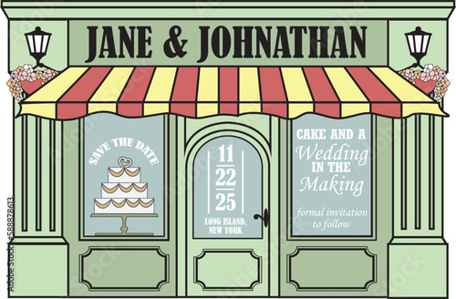 Café or cake themes save the date design for wedding with bride and groom name, and quote "cake and a wedding in the making". Cute bakery outline.
