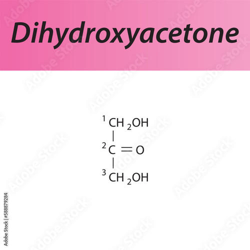 Straight chain form chemical structure of Dihydroxyacetone sugar. Scientific vector illustration on white and pink background, carbon numbering.