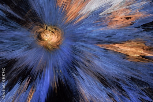 Blue orange pattern of crooked waves on a black background. Abstract fractal 3D rendering