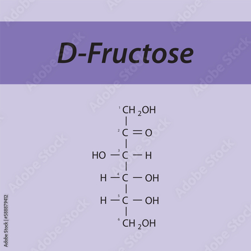 Straight chain form chemical structure of D-Fructose sugar. Scientific vector illustration on purple background, carbon numbering.