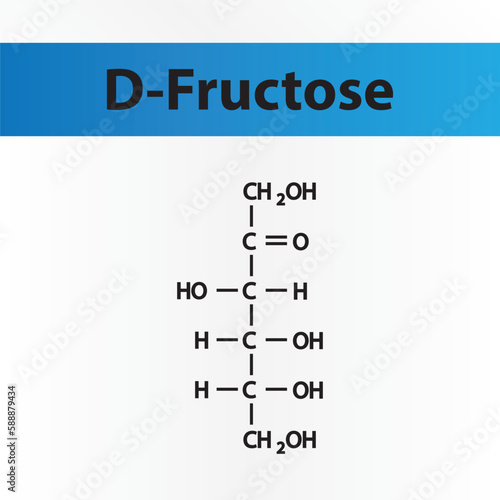 Straight chain form chemical structure of D-Fructose sugar. Scientific vector illustration on white and blue background.