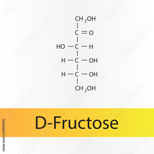 Straight chain form chemical structure of D-Fructose sugar. Scientific vector illustration on white and orange background.