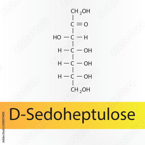 Straight chain form chemical structure of D-Sedoheptulose sugar. Scientific vector illustration on white and orange background.