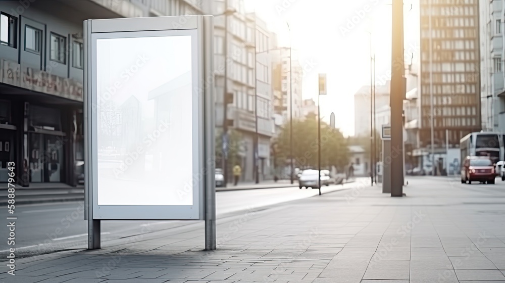 Vertical blank white billboard at bus stop on city. Generative AI Vertical blank white billboard at bus stop on city. Generative AI