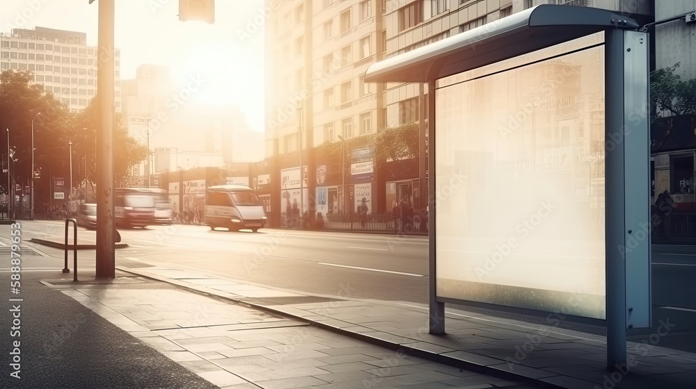 Fototapeta premium Vertical blank white billboard at bus stop on city. Generative AI