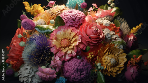amazing colorful cheerful digital bouquet of flowers 3d, generative ai