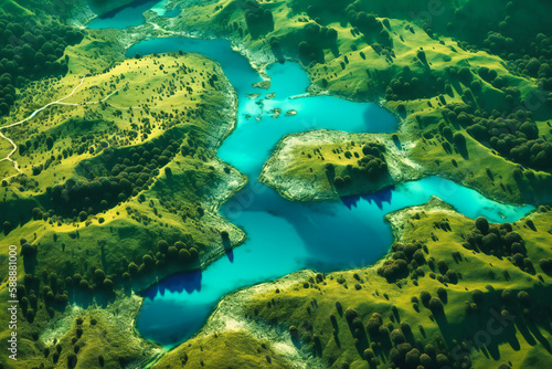 The summer aerial view reveals a lush green landscape dotted with turquoise lakes and meandering rivers