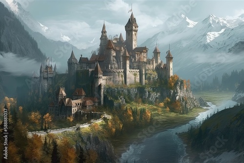 High fantasy kingdom with knights, dragons and castles. Generative AI