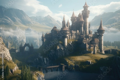 High fantasy kingdom with knights, dragons and castles. Generative AI