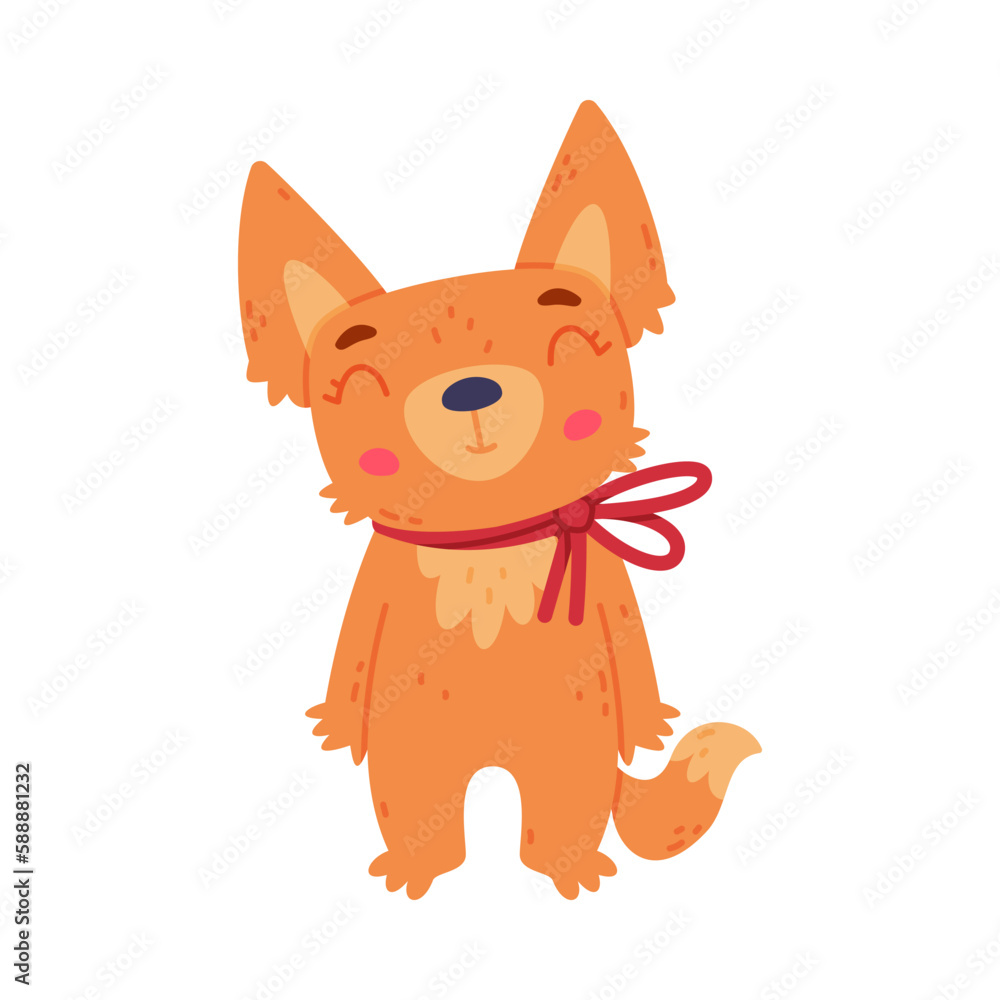 Cute Fennec Fox with Red Coat and Large Ears Standing with Ribbon Bow and Smiling Vector Illustration Cute Fennec Fox with Red Coat and Large Ears Standing with Ribbon Bow and Smiling Vector Illustration