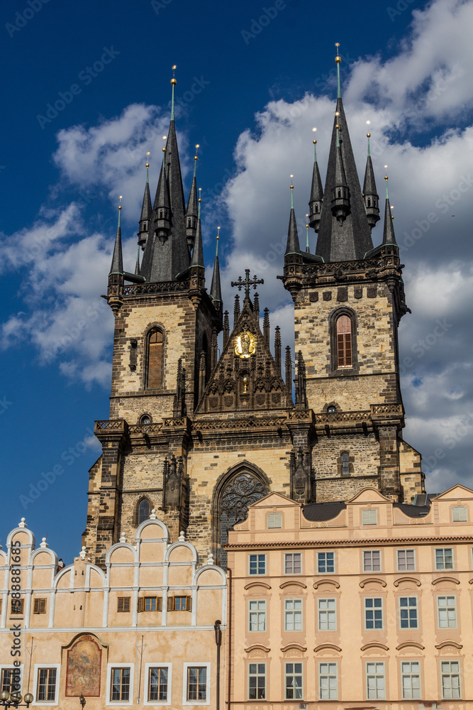 Buildings on the Old Town square with the Church of Our Lady before Tyn in Prague, Czech Republic