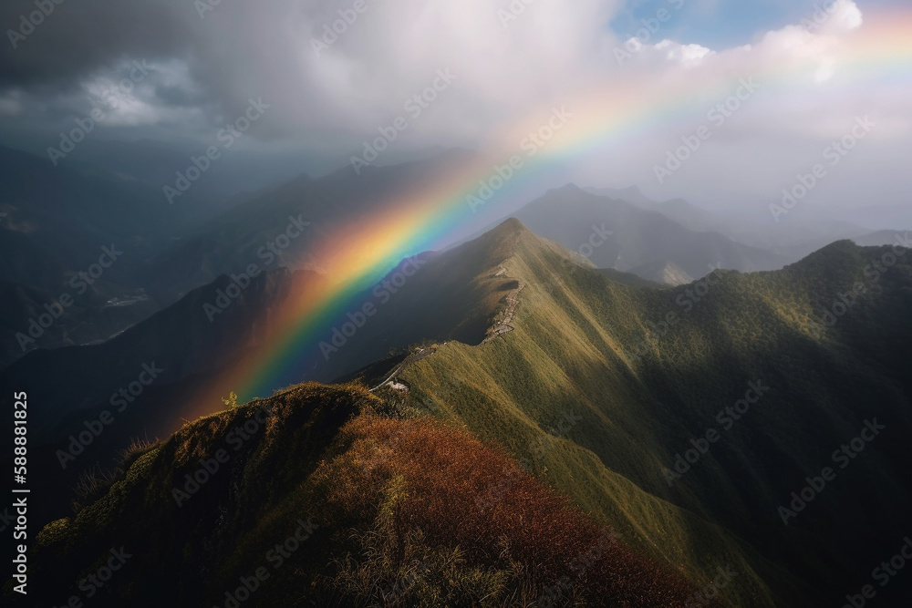 Hill or mountain peak with beautiful rainbow after a rain. Colorful beautiful scenery lanscape. Ai generated