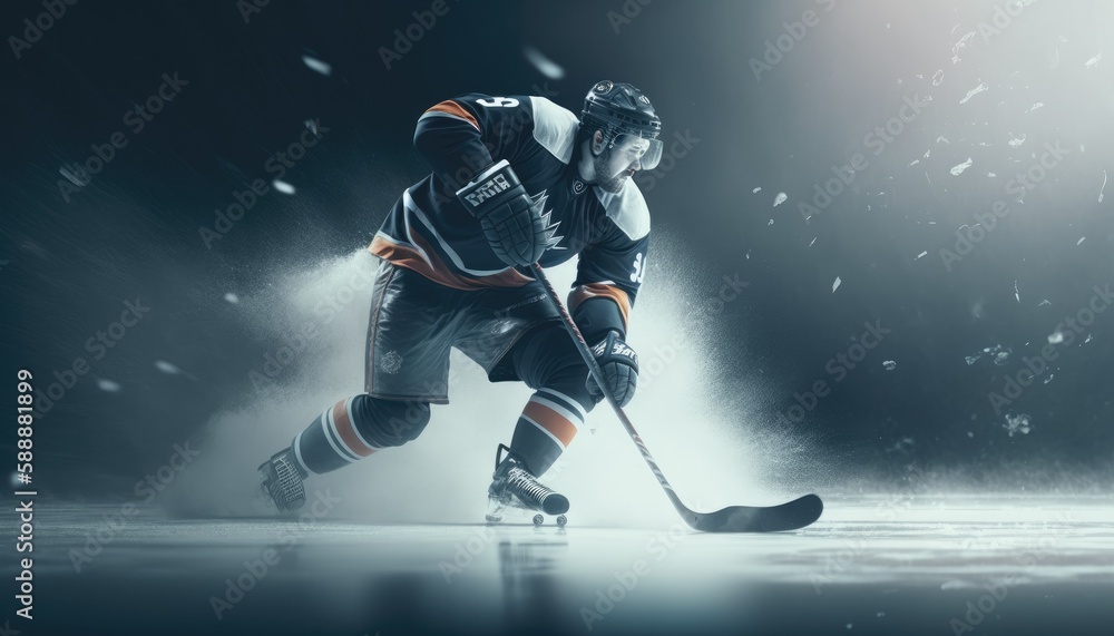 Ice Hockey Rink Arena: Professional Player Training Alone. Skates, Practices Shooting, Hitting, Stricking the Puck with Hockey Sticks. Determined Athlete with Desire to Win, Be Champion. Generative AI