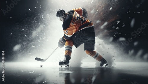 Ice Hockey Rink Arena: Professional Player Shooting, Hitting, Stricking the Puck with Hockey Sticks. Athlete Scoring a Goal. Dramatic Wide Shot, Cinematic Lighting. Generative AI