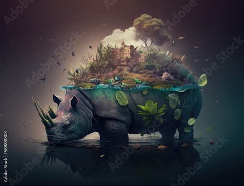 Cover page with portrait of huge African rhino with a big horn at dark background with copy space, closeup, details. Species extinction with habitat destruction concept illustration. Generative AI