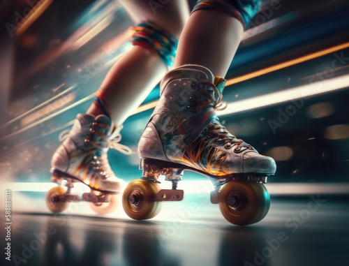 Closeup view of woman legs with roller skates at sunset. Futuristic neon lights on background. Creative sport and roller skating lifestyle concept on sunny day. Inline skates sport. Generative AI