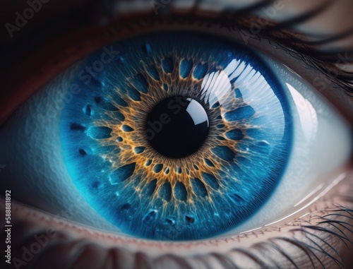 Macro photo of an eye. Beautiful blue man or woman single eye close up. Generative AI