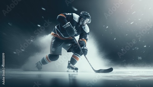 Ice Hockey Rink Arena: Professional Player Training Alone. Skates, Practices Shooting, Hitting, Stricking the Puck with Hockey Sticks. Determined Athlete with Desire to Win, Be Champion. Generative AI