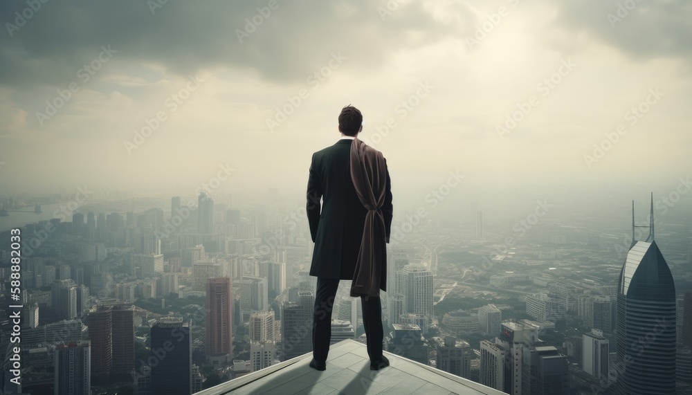 A business person standing top a skyscraper, looking out over the city with a superhero pose. Generative AI A business person standing top a skyscraper, looking out over the city with a superhero pose. Generative AI