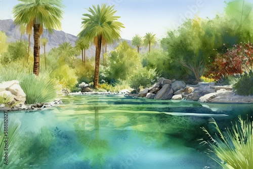 Desert oasis with palm trees and a crystal clear pool of water. Watercolor Painting. Generative AI