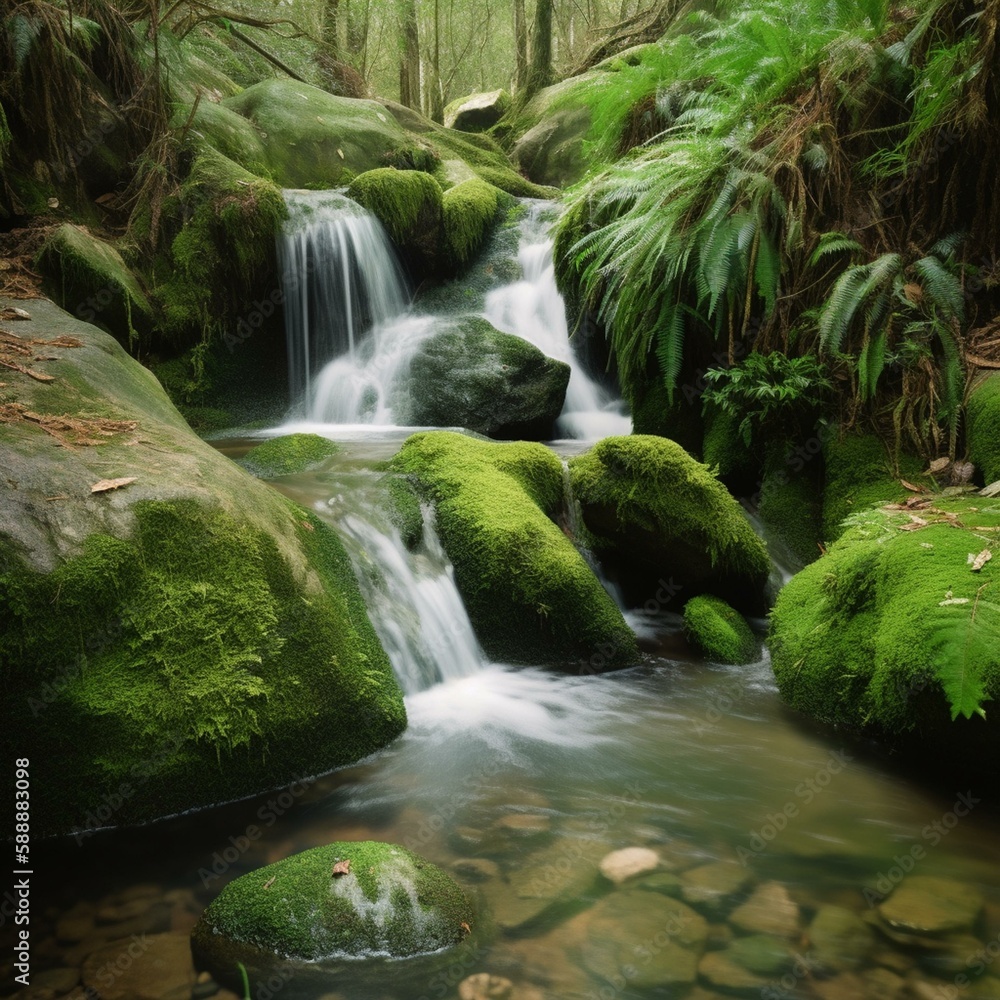 Natural waterfall with rocks and green moss Generative AI Natural waterfall with rocks and green moss Generative AI