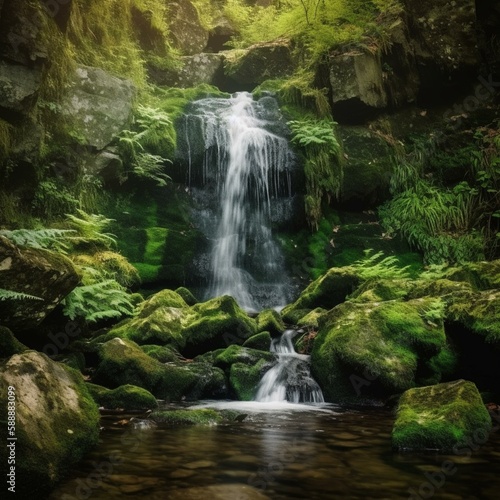 Natural waterfall with rocks and green moss Generative AI