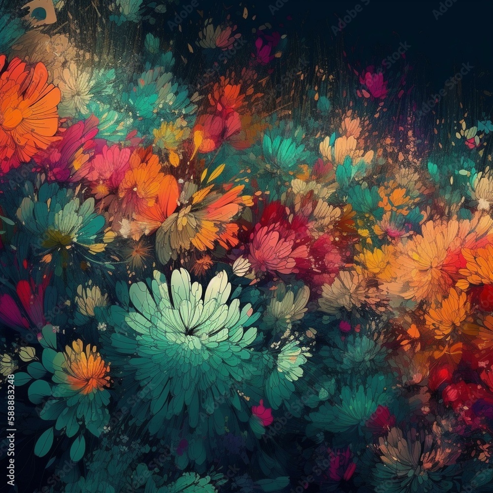Colorful flower panorama as background. Generative AI. Generative AI