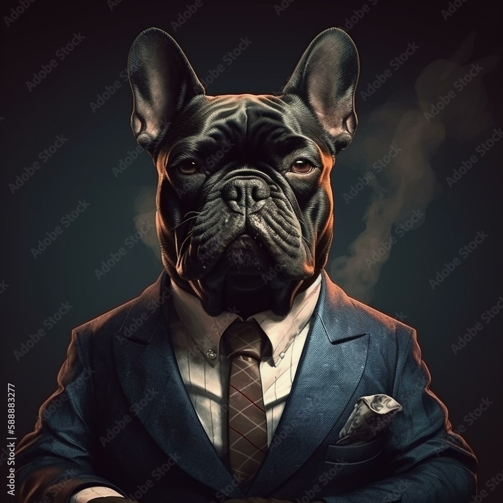 French bulldog in business suit smoking cigar. Generative AI. Generative AI