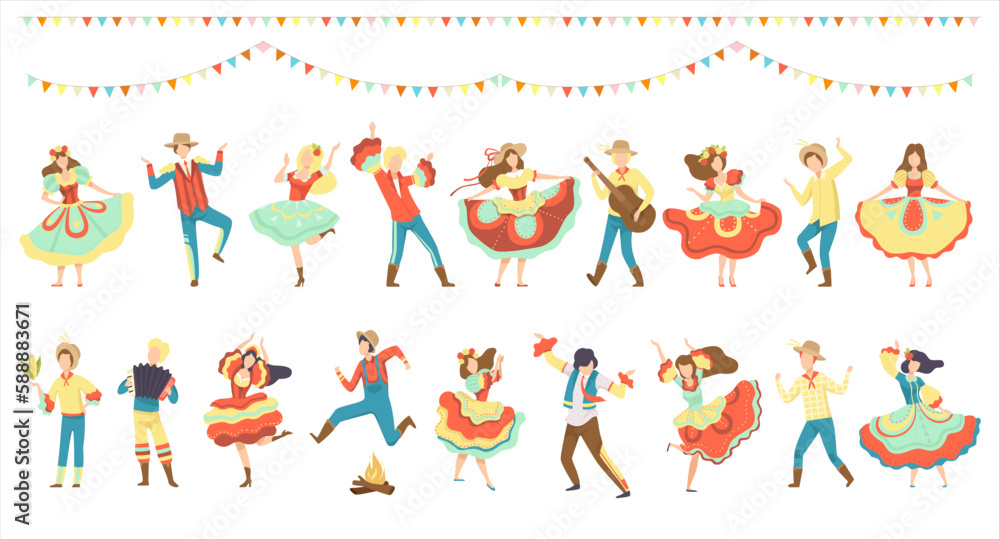 Set of happy people dancing at Brazil June Festival, Festa Junina folklore party cartoon vector illustration