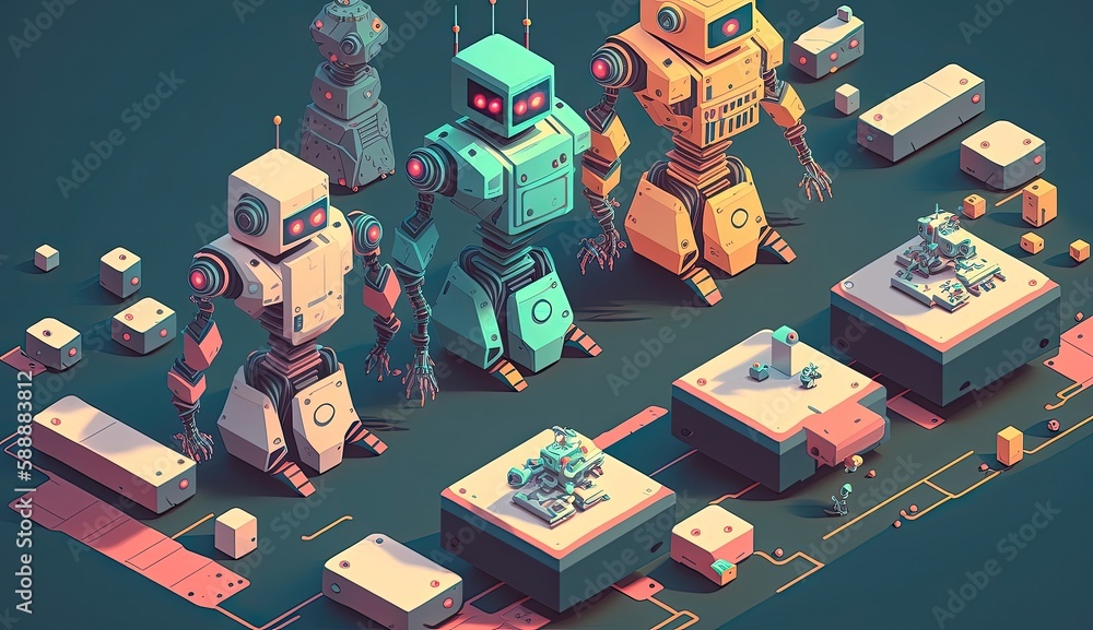 The AI-powered robots isometric illustration captures the essence of ...