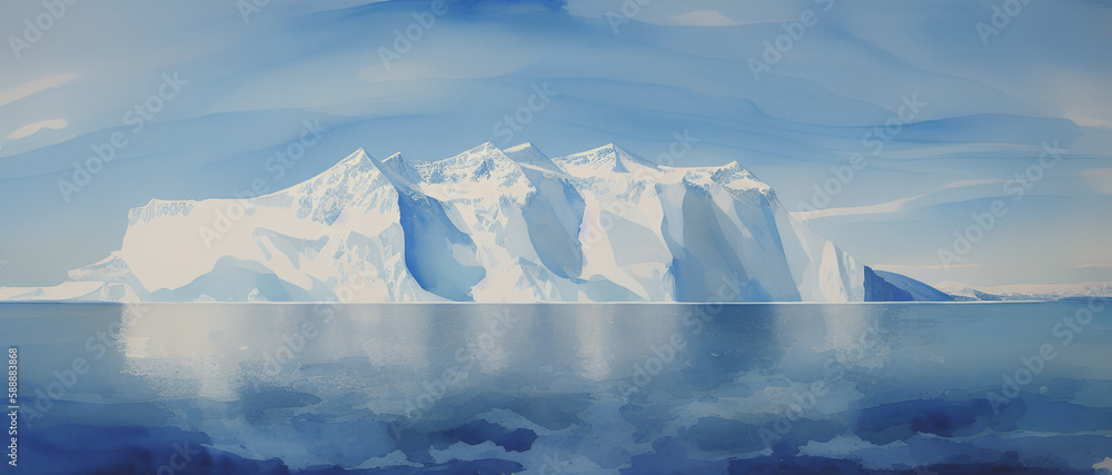 A frozen block of an iceberg that breaks off the shelf drifts in the ocean, watercolor illustration. Generative AI. A frozen block of an iceberg that breaks off the shelf drifts in the ocean, watercolor illustration. Generative AI.