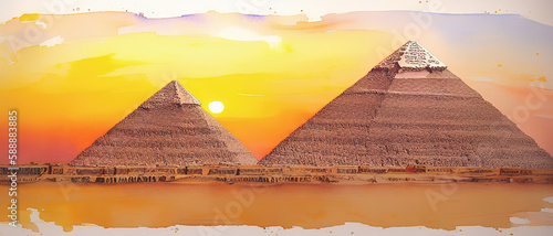 Egyptian pyramids on the Giza plateau  UNESCO heritage  watercolor illustration. Generative AI.