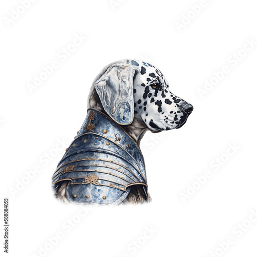 Knight Dalmatian Dog Wearing Gleaming Metal Armor, Generative AI