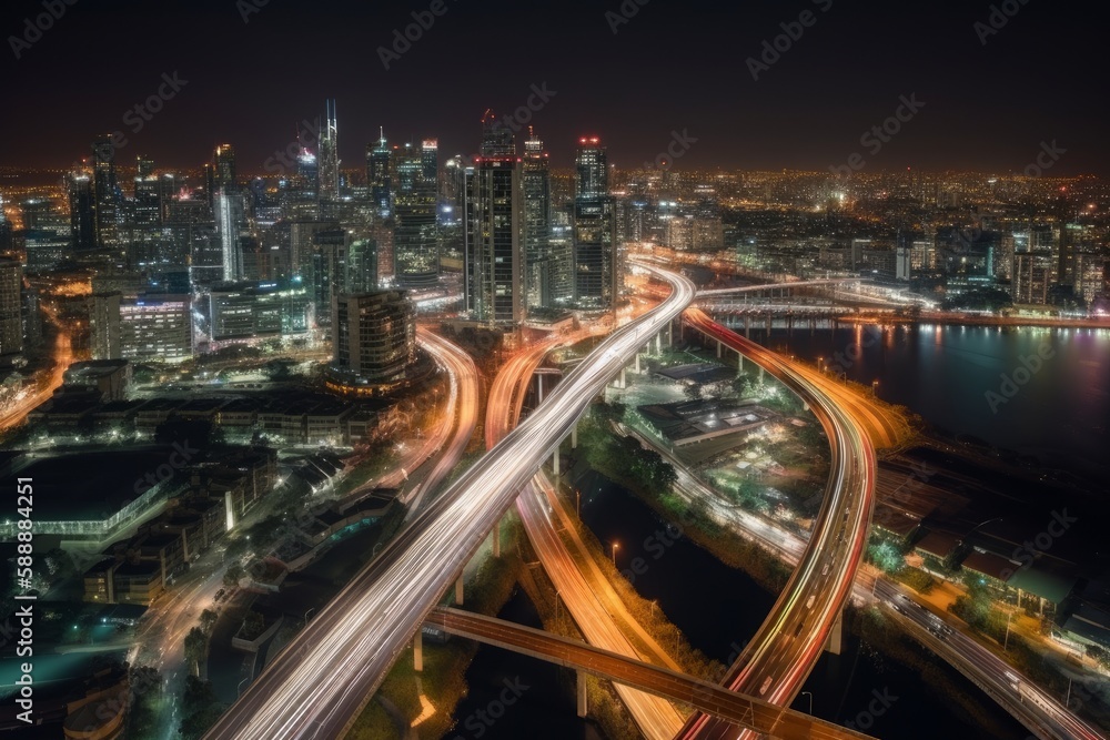 Aerial view of a city at night, long exposure, light trails, AI generated