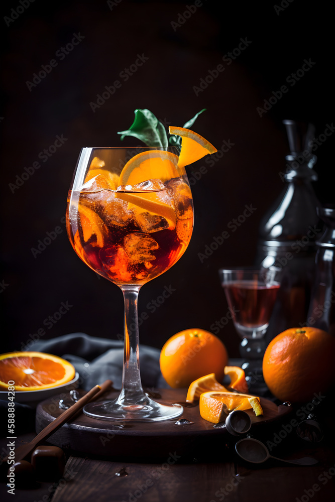 Aperol Spritz aperitif with ice and orange in glass on a dark background. Summer refreshing drink concept. Generated AI Aperol Spritz aperitif with ice and orange in glass on a dark background. Summer refreshing drink concept. Generated AI
