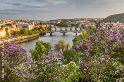 Spring aerial view of bridges over Vltava river in Prague, Czech Republic